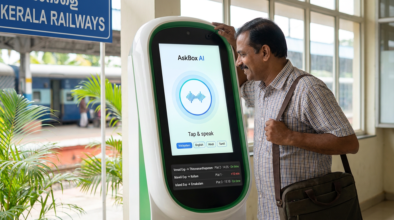 A traveler speaks to a sleek AskBox AI enquiry kiosk on a Kerala railway platform; the vertical screen shows a voice prompt and a live Next Trains board.