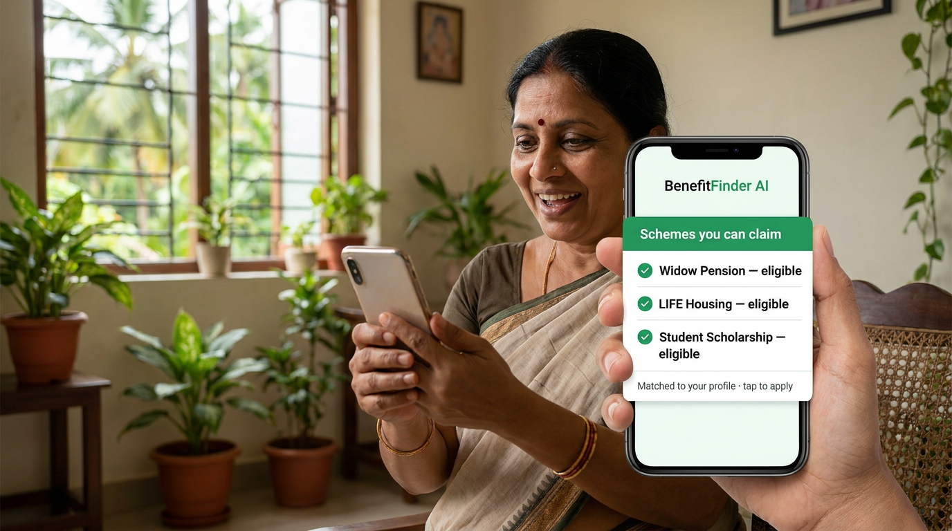 A woman at home holds a phone showing BenefitFinder AI listing schemes she can claim — Widow Pension, LIFE Housing and Student Scholarship — all matched to her profile.