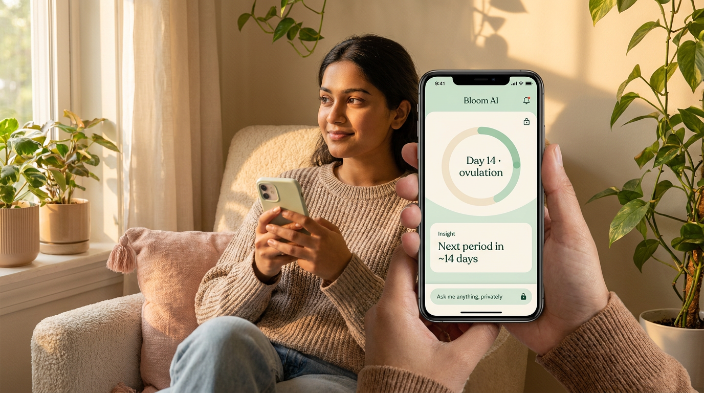 A woman relaxing at home holds a phone showing the Bloom AI app: a cycle tracker on Day 14 (ovulation) and a private insight that the next period is in about 14 days.