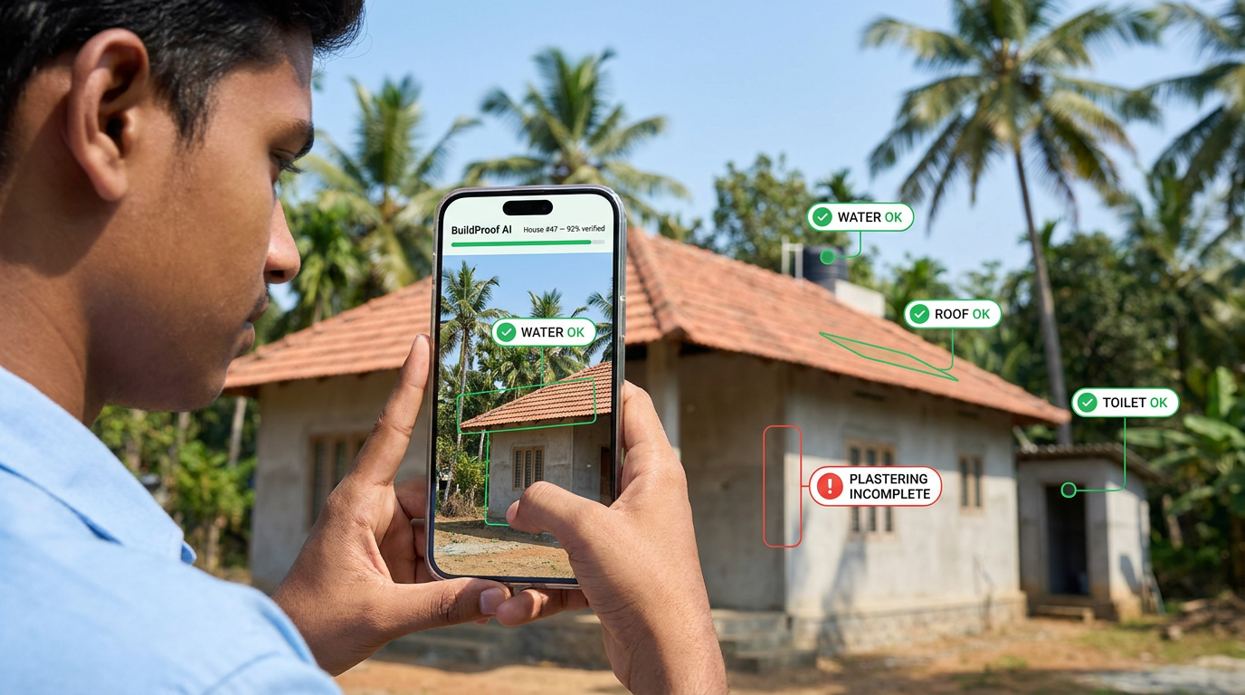 A field inspector photographs a newly built house; the BuildProof AI app overlays the live camera view with validation labels — Water OK, Roof OK, Toilet OK, and a red Plastering Incomplete flag — with a 'House #47 — 92% verified' status bar.