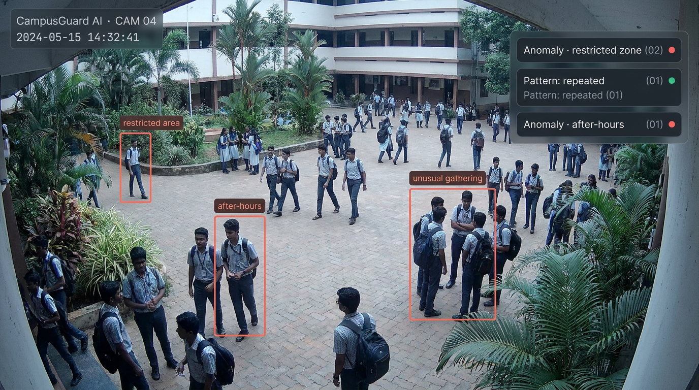 A wide-angle CCTV view of a school courtyard; CampusGuard AI flags 2-3 students with coral boxes (restricted area, after-hours, unusual gathering) and lists alerts in a side panel.