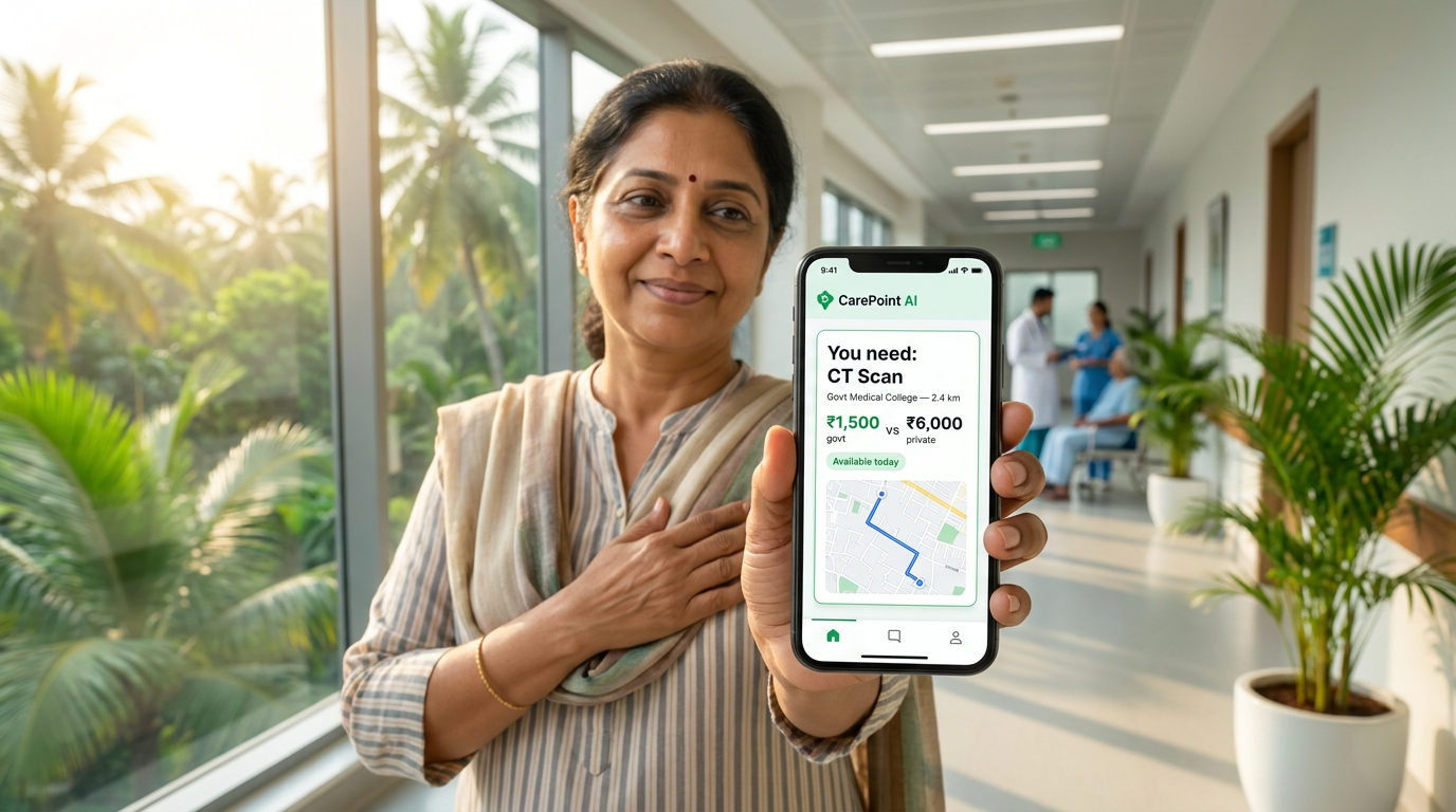 A person in a hospital corridor holds a phone showing CarePoint AI: 'You need: CT Scan', a nearby government hospital 2.4 km away, ₹1,500 govt vs ₹6,000 private, available today, with directions.