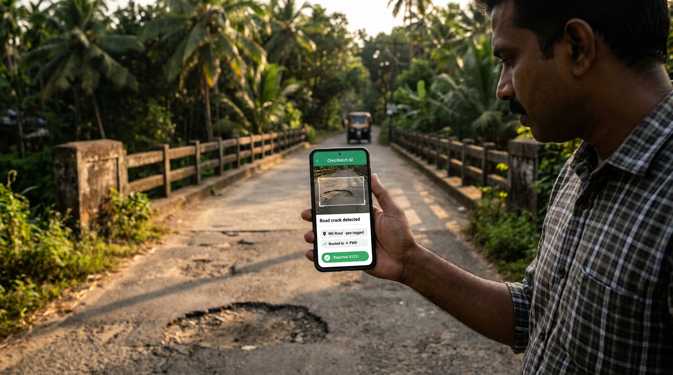 A man on a road points his phone at a cracked, potholed surface; the CivicWatch AI app detects the road crack, geo-tags it and routes it to PWD with a 'Reported' tag.