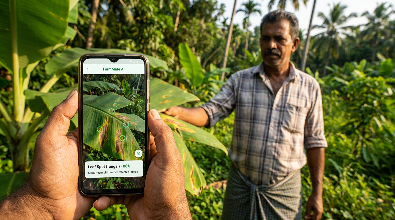 A farmer points a phone at a diseased plant leaf; the FarmMate AI app circles the spots and reports 'Leaf Spot (fungal) · 86%' with a remedy.