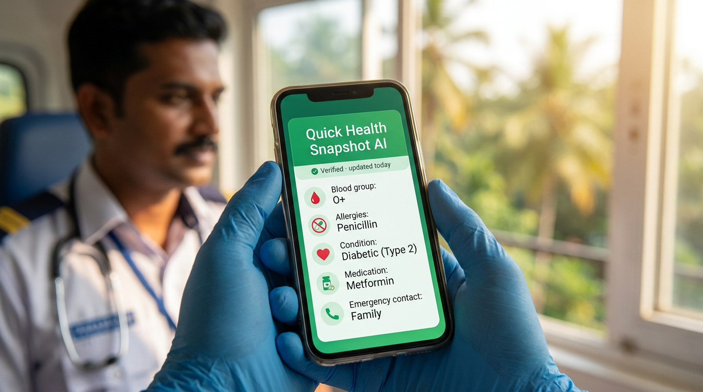 A paramedic holds a phone showing the Quick Health Snapshot AI card: blood group O+, allergies, condition, medication and emergency contact.