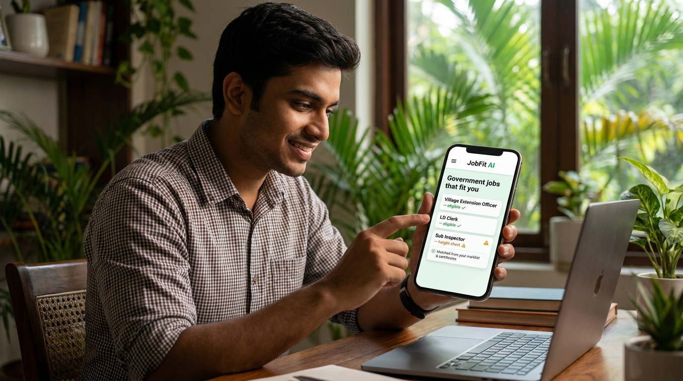 A young graduate holds a phone showing JobFit AI listing government jobs that fit them — Village Extension Officer and LD Clerk eligible, Sub Inspector height-short — matched from their marklist and certificates.