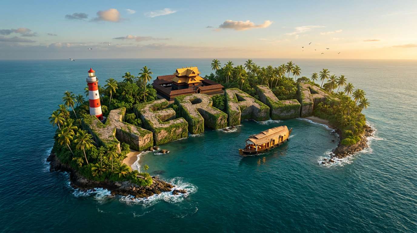 An island shaped to spell KERALA — lighthouse, houseboat, temple and palms in a turquoise sea.