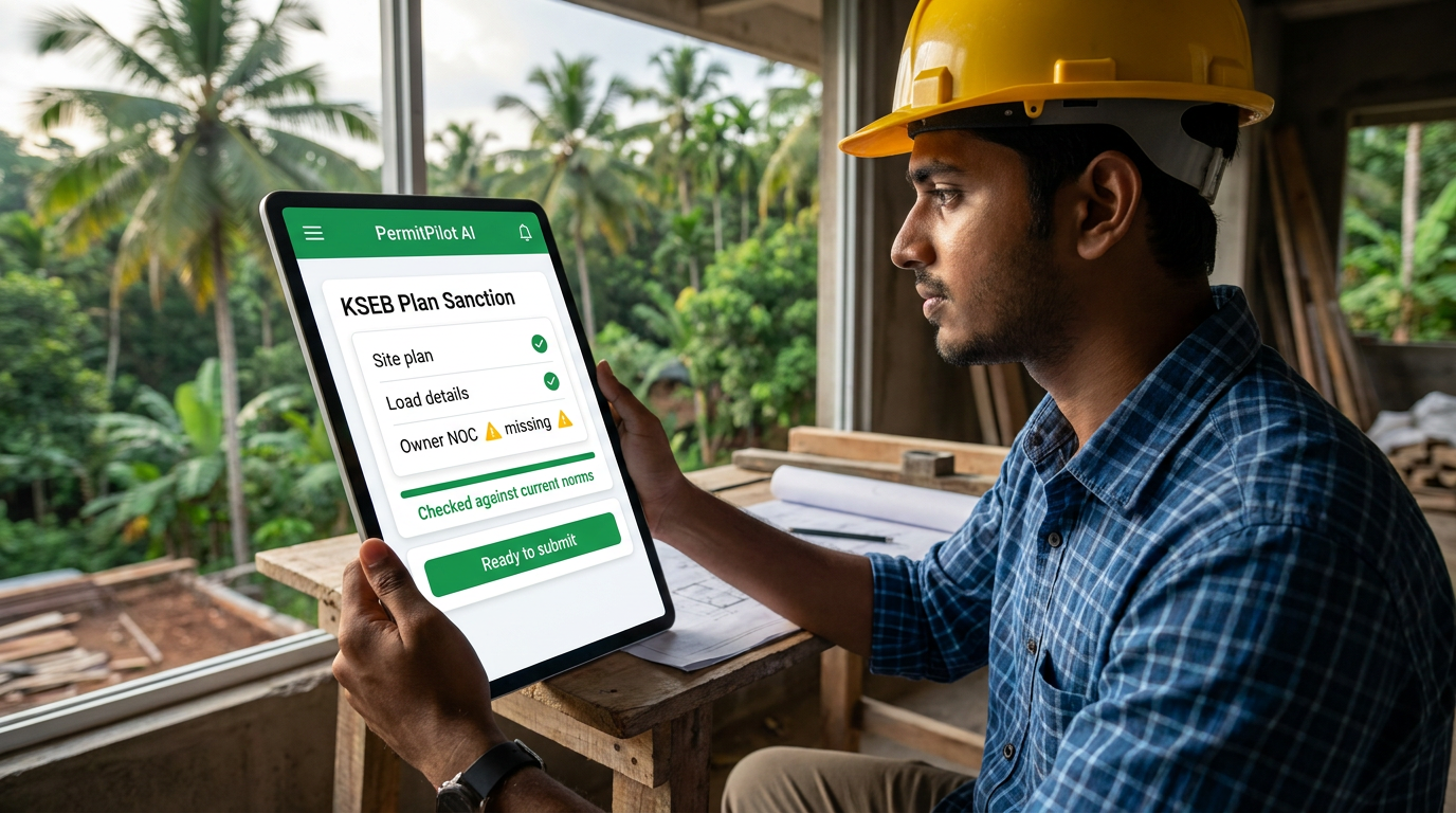 An engineer holds a tablet showing PermitPilot AI assembling a KSEB Plan Sanction with a document checklist (site plan, load details, NOC missing) and a 'Ready to submit' button.