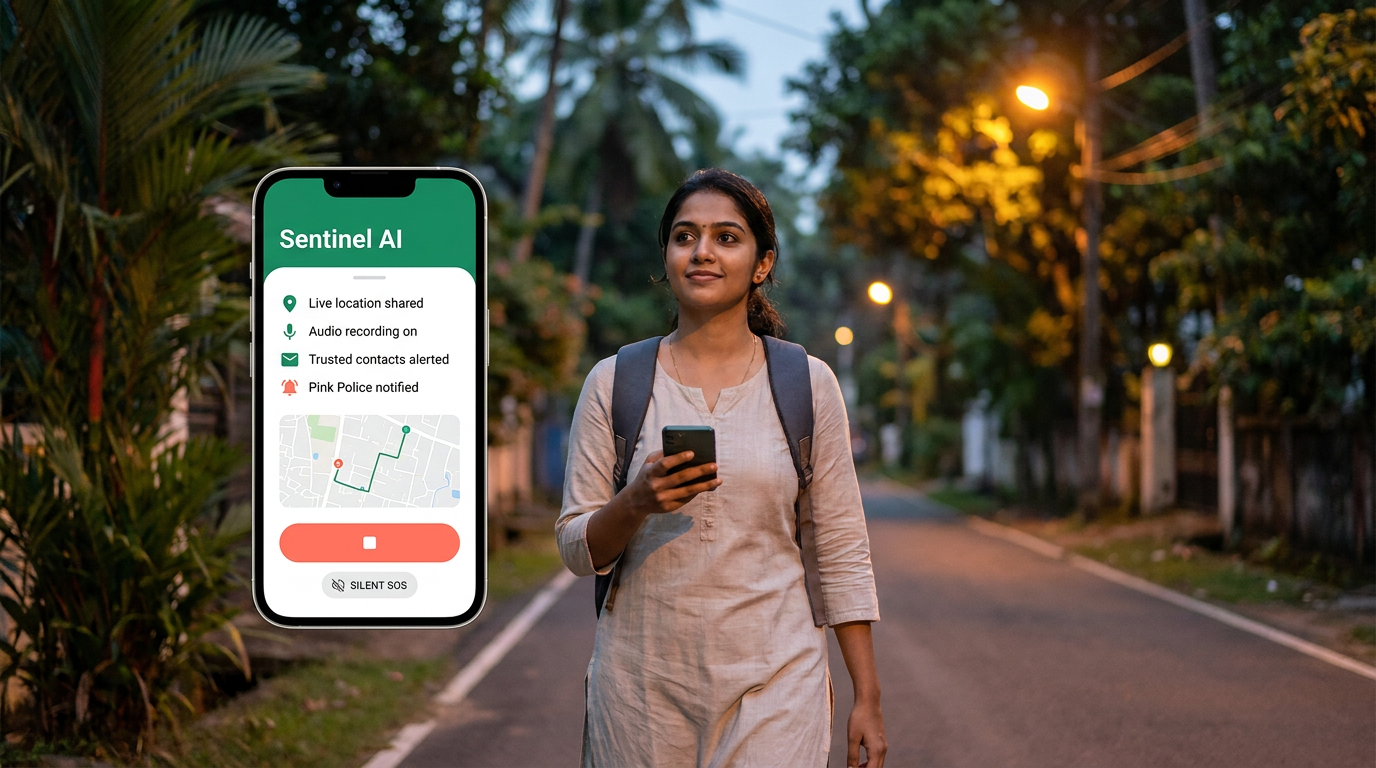 A woman walking on a street at dusk holds a phone showing the Sentinel AI app: live location shared, audio recording, trusted contacts alerted and Pink Police notified.