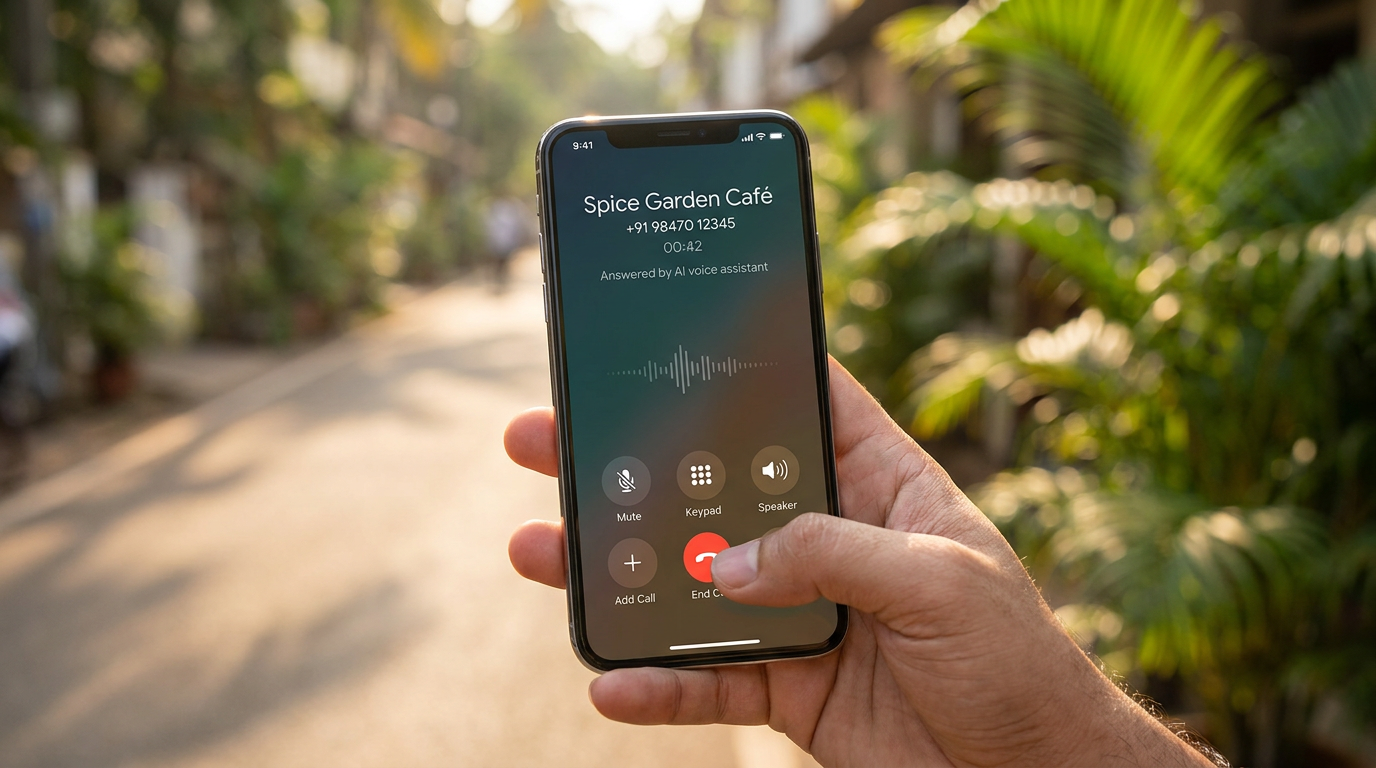 A customer's phone shows an ordinary ongoing call to 'Spice Garden Café' answered by an AI voice assistant — call timer and call buttons, not an app.