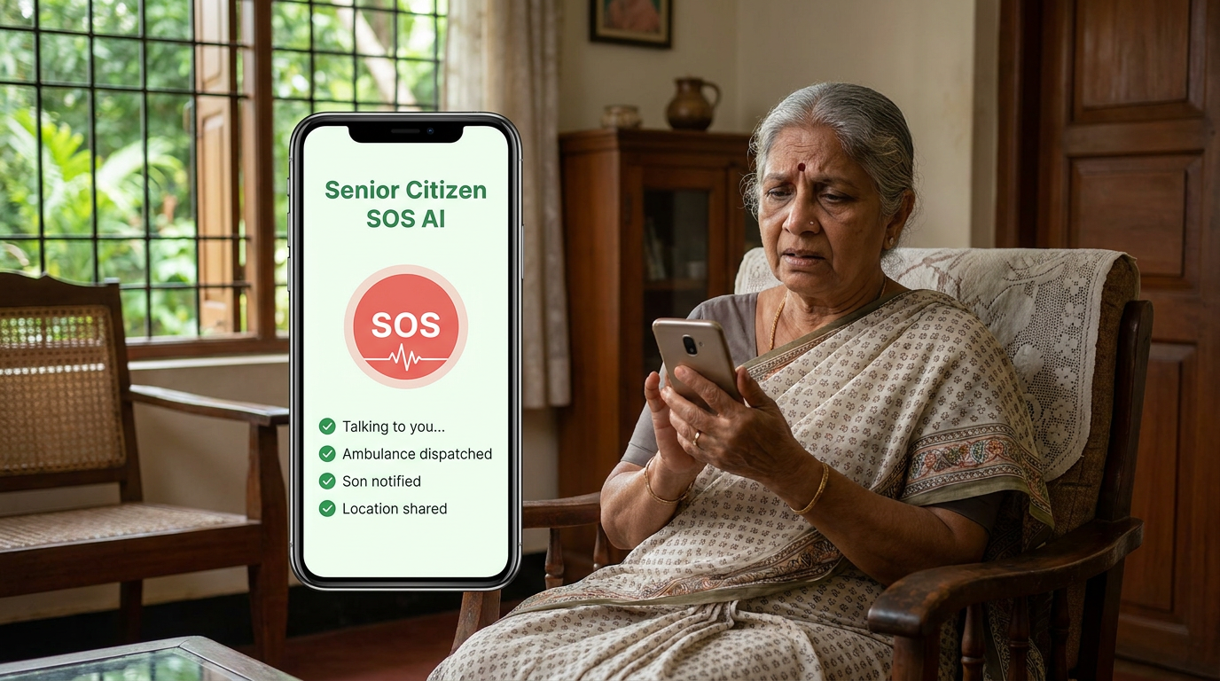 An elderly woman holds a phone showing the Senior Citizen SOS AI app talking to her, with ambulance dispatched, son notified and location shared.