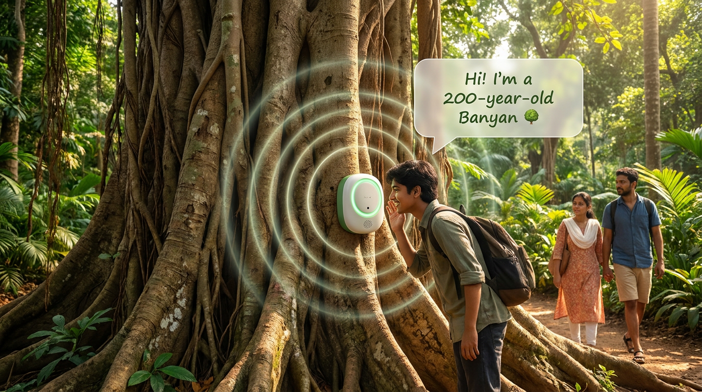A visitor listens to a small AI box fitted on a large banyan trunk in a garden; glowing sound-waves and a speech bubble show the tree telling its own story.