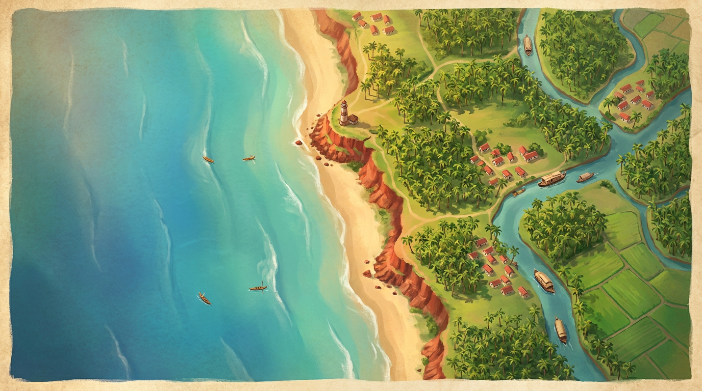 Illustrated travel map of the Varkala coast, Kerala — sea, cliffs, beaches and backwaters.